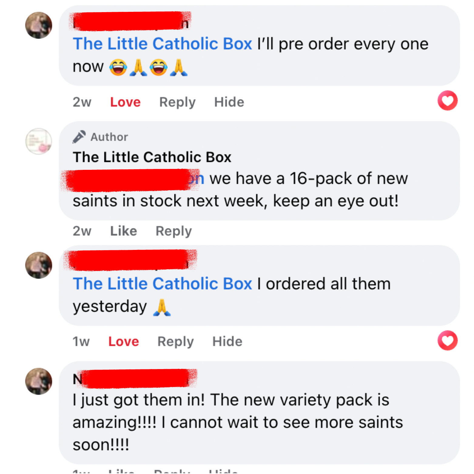 Facebook comments from someone saying how much they love the products