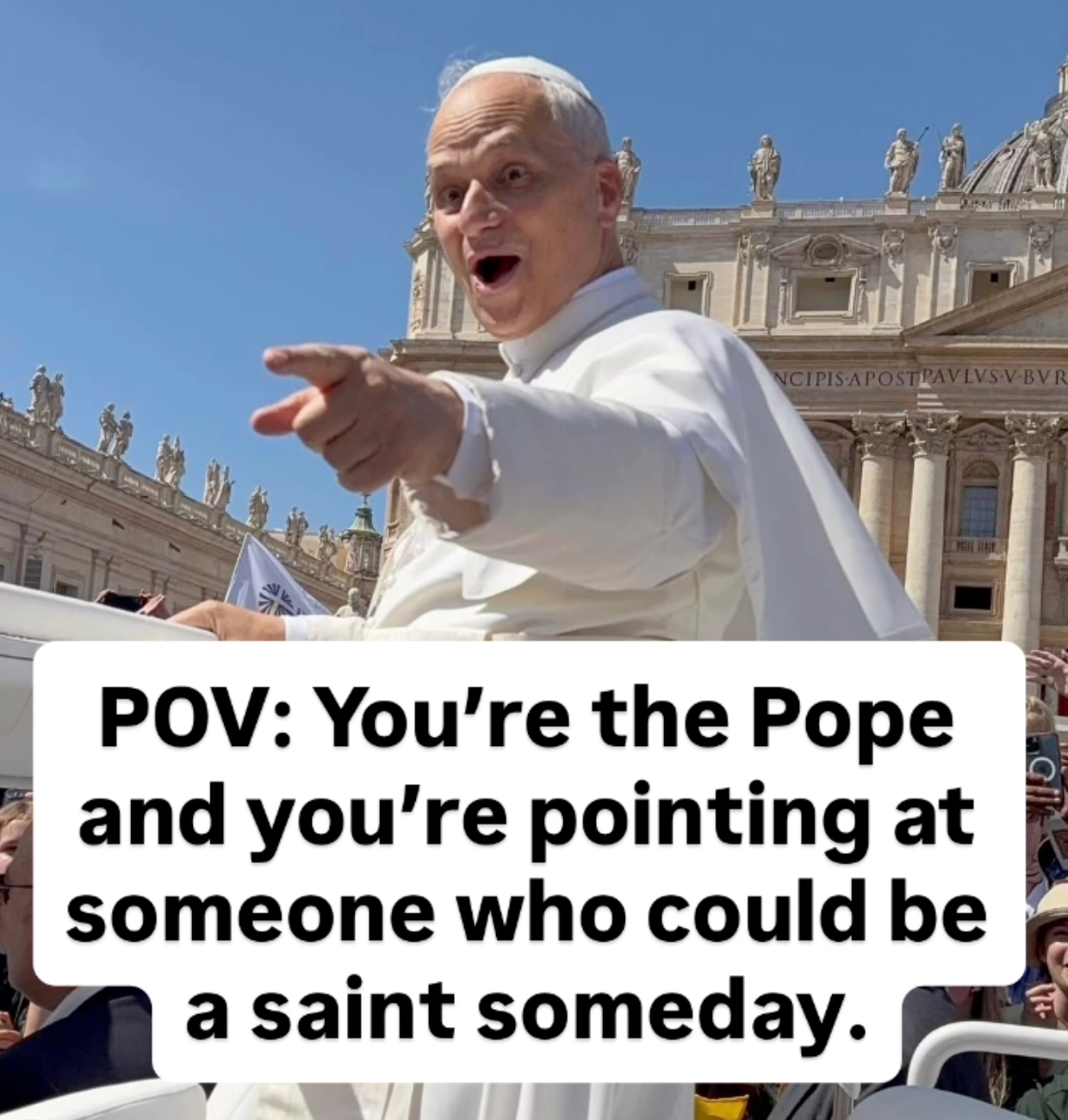 An image of the pope point with meme style writing on the screen